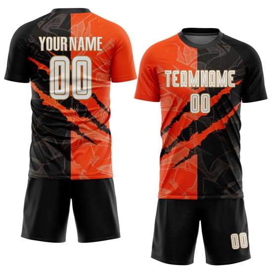 Orange-Old Black Pattern Sublimation Graffiti Uniform Custom Jersey White Scratch Soccer Gold